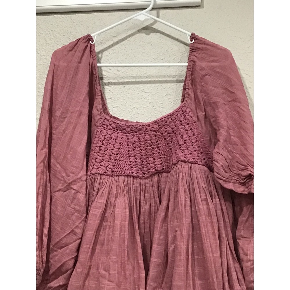 Free People Ari Mini Dress Pink Gauze Crochet Babydoll M Boho Cottage Romantic - Picture 5 of 9
